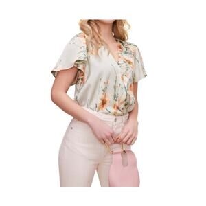 ASTR the Label Sage Green Floral Flutter Sleeve Wrap Top Blouse Size Medium